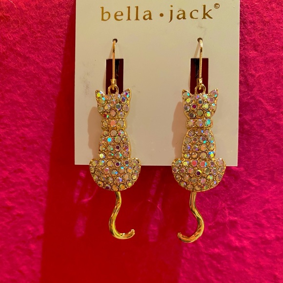 Cat Rhinestone Sparkle Crystal Gold Color Earrings - Picture 3 of 5